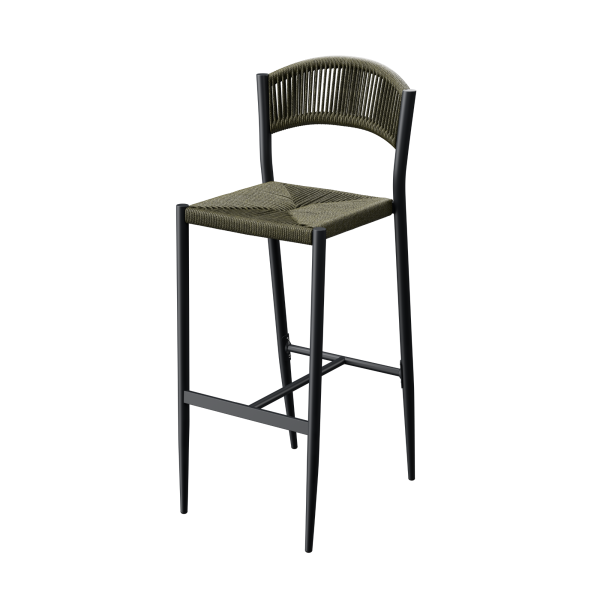 Tabouret haut en aluminium et en osier de corde vert olive collection Jonah Barstool