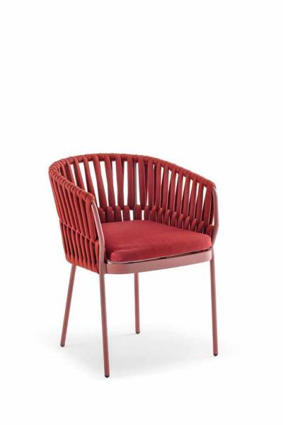 Fauteuil outdoor en aluminium peint et corde tressée en rouge de la collection Soho 