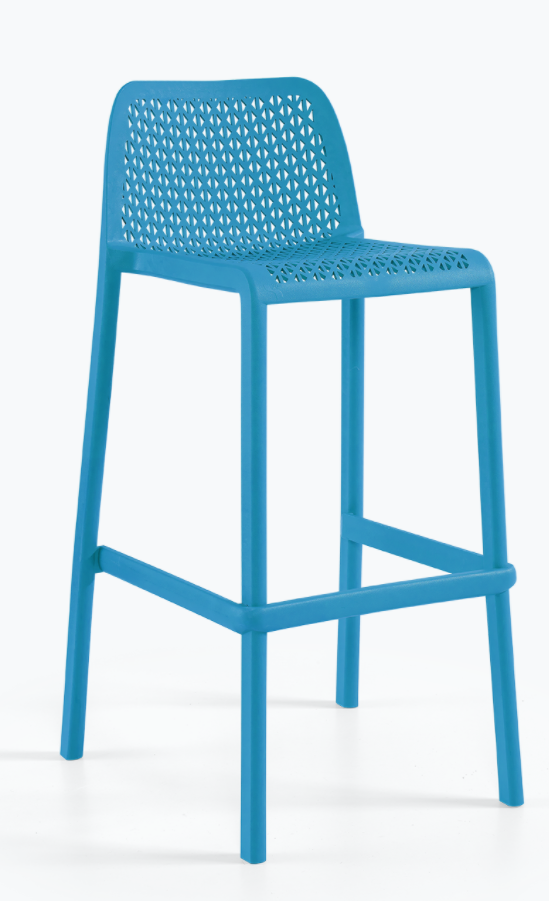 chaise haute de repas de la collection Oxy High couleur bleu avec dossier et repose pieds à Lyon